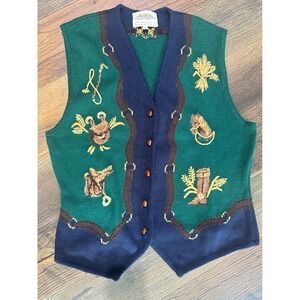 Susan Bristol Vintage Equestrian Knit Vest Green Navy Western Embroidered Large